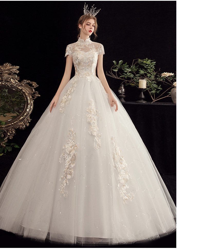 Wedding Dresses 2025High Neck Short Sleeve Appliques Lace Beading Pearl Sequins